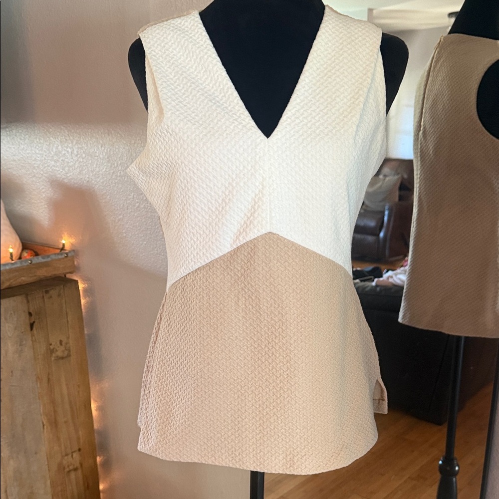 Calvin Klein Two-Tone V-Neck Sleeveless Tank in White and Beige